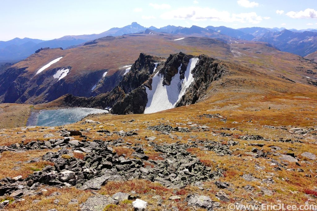 Panoramic view of the North American Rocky Mountains with alpine lakes