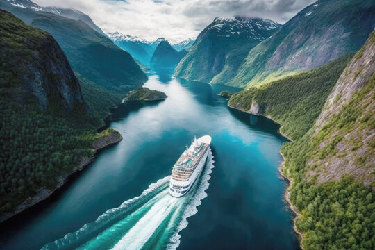 A cruise ship sailing through a steep, dramatic Nordic fjord